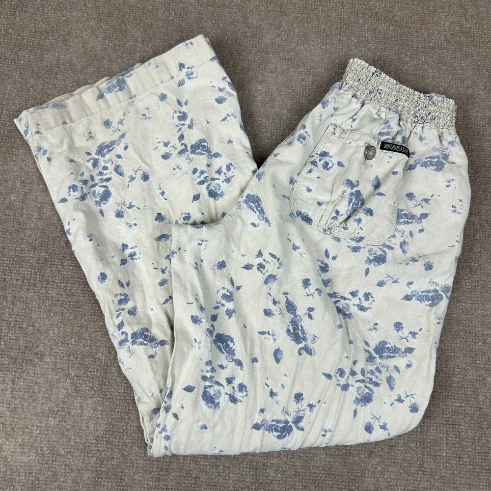 Sound Style Paperbag Pants Womens Large White Blue Floral Linen Blend Wide Leg